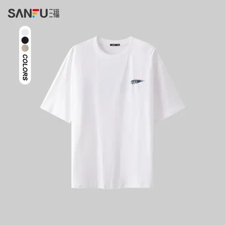 三福2024夏季男士露营图案短T恤 休闲时尚圆领落肩上衣482818商品大图