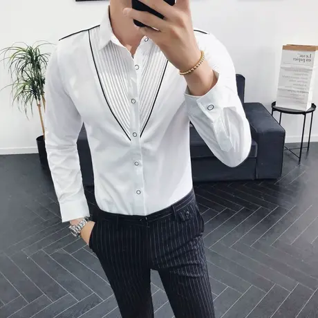 春季长袖衬衫男士潮流白色上衣新款秋装发型师韩版设计感修身衬衣商品大图