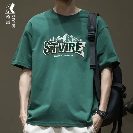 希越三本针重磅短袖T恤男2024春夏潮牌ins胖子打底衫印花圆领上衣商品大图