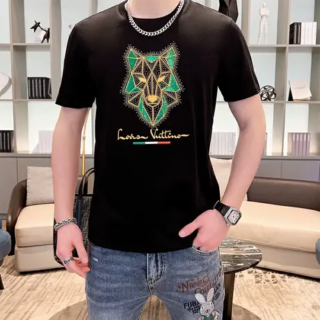 高端丝光棉短袖t恤男镶烫钻刺绣半袖380g纯棉体恤精梳棉圆领上衣商品大图