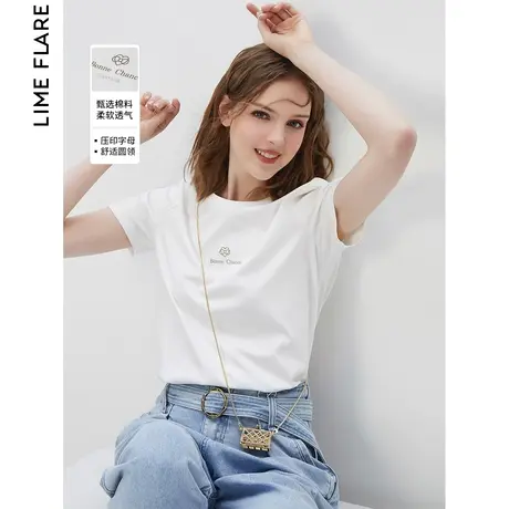 朗姿莱茵简约白色纯棉圆领短袖T恤百搭柔软休闲上衣2023春夏新款图片
