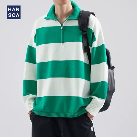hansca秋冬季Polo领条纹撞色毛衣男士美式复古宽松休闲半高领上衣商品大图