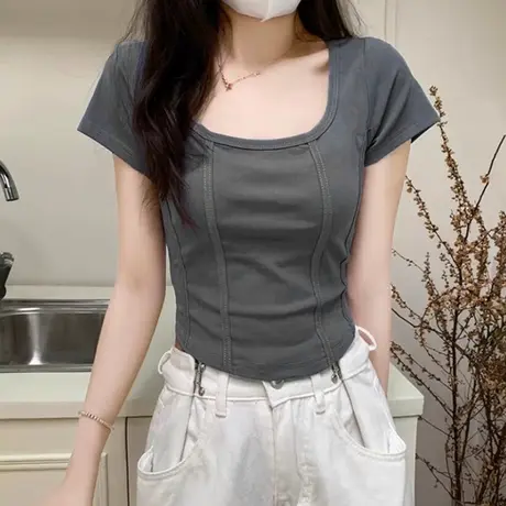 小个子短款方领正肩短袖T恤女夏装2024年新款修身韩版鱼骨上衣服商品大图