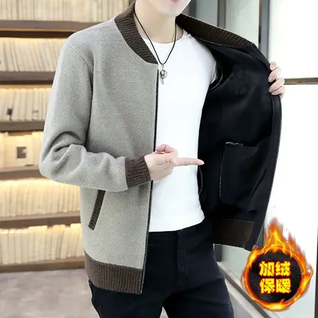 秋冬季潮流加绒加厚针织夹克男士保暖外套宽松新款男装棒球服毛衣商品大图