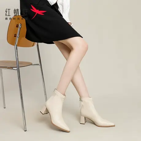 红蜻蜓白色厚底尖头靴子女2023新款小个子高跟高级感小短靴秋冬季商品大图