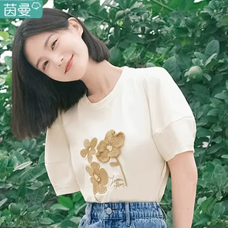 茵曼透气短袖T恤女士2024年夏新款宽松休闲上衣体桖文艺圆领别致商品大图