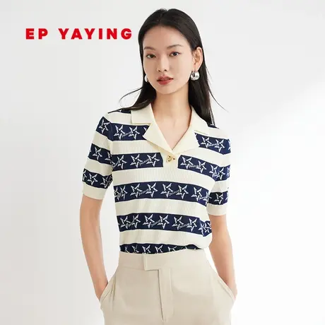 EP雅莹女装 进口棉针织短袖条纹POLO海魂衫 2023新款9536A商品大图