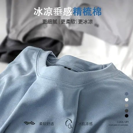 夏季丝滑液氨冰丝高弹短袖T恤男士青年圆领纯色打底衫细纹半截袖商品大图