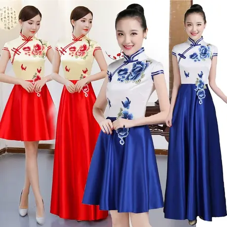 2023新款礼仪旗袍迎宾小姐服长袖舞台走秀演出年会长款酒店大摆春商品大图