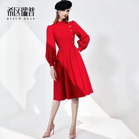 希区高端复古连衣裙女秋冬2023新款法式气质灯笼袖赫本风大摆伞裙图片