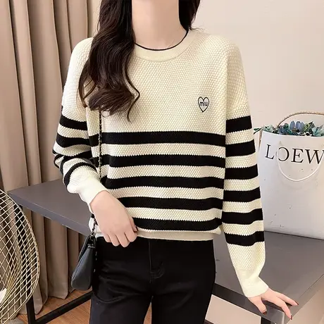 网红爆款条纹圆领针织打底衫女长袖上衣秋装2023新款宽松显瘦内搭图片