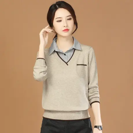 韩潮袭人假两件条纹长袖针织衫女2023秋季新款POLO领宽松毛衣上衣图片