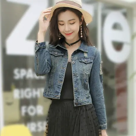 牛仔外套女短款修身韩版潮显瘦复古长袖春秋牛仔服上衣大码破洞9商品大图