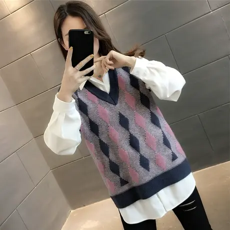 复古菱格提花毛衣背心女2023年春秋新款V领无袖针织马甲宽松坎肩图片