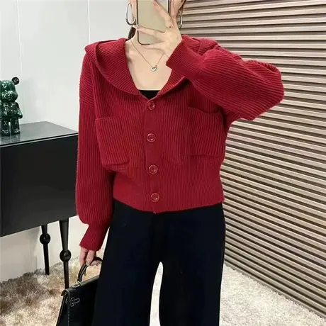 红色连帽口袋毛衣开衫女外搭春秋爆款2023新款小个子针织衫短外套图片