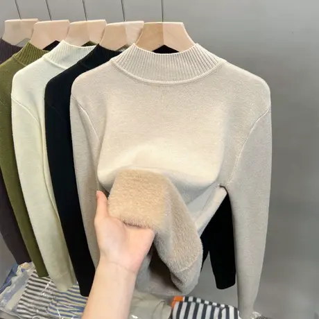 加绒半高领毛衣女一体绒加厚打底衫2023秋冬新款针织衫内搭上衣潮图片