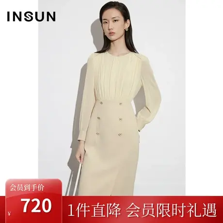 恩裳COVER2023春款新款时尚拼接假两件通透肌理感手工抽褶连衣裙图片