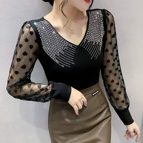 时尚烫钻长袖T恤女欧货网纱拼接性感V领打底衫漂亮别致修身上衣潮商品大图