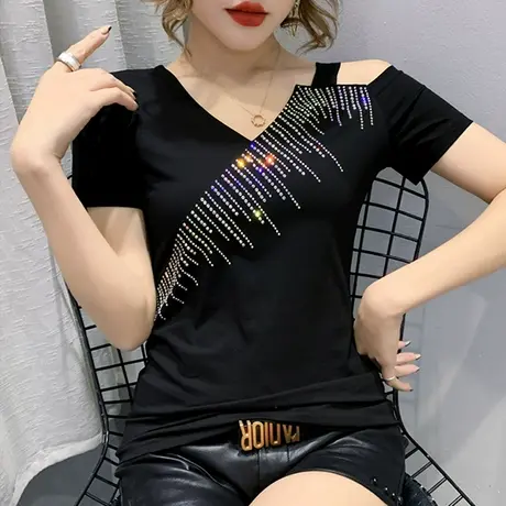 欧货性感露肩短袖T恤女2023夏季新款不规则别致小衫时尚烫钻上衣商品大图
