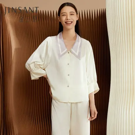 金三塔19姆米重磅真丝睡衣女时尚尖领100%桑蚕丝简约宽松家居服套图片
