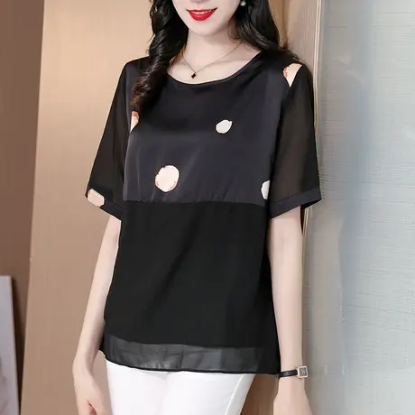 黑色短袖t恤女2023夏季新款雪纺衫女大码别致小衫薄款遮肚子上衣商品大图