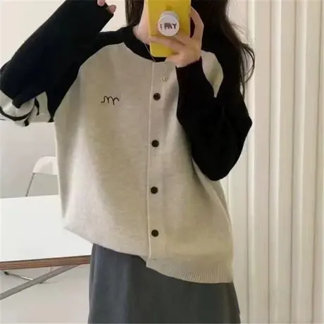 圆领撞色针织开衫2023秋季新款宽松洋气百搭外穿棒球服外套线衫女商品大图