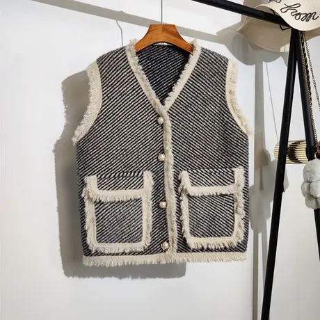 小香风毛衣马甲开衫女秋冬新款宽松v领气质名媛针织背心马夹外套商品大图