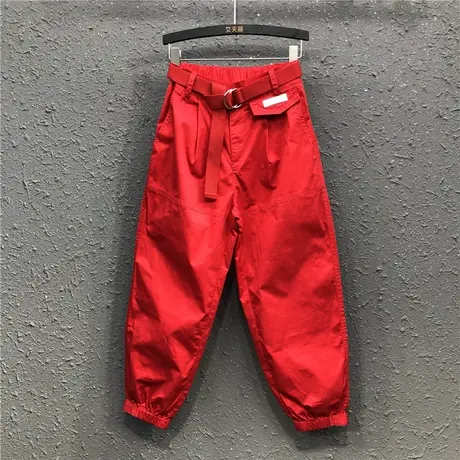 春夏新款大红色休闲帅气工装裤女欧洲站宽松显瘦洗水牛仔哈伦裤潮图片