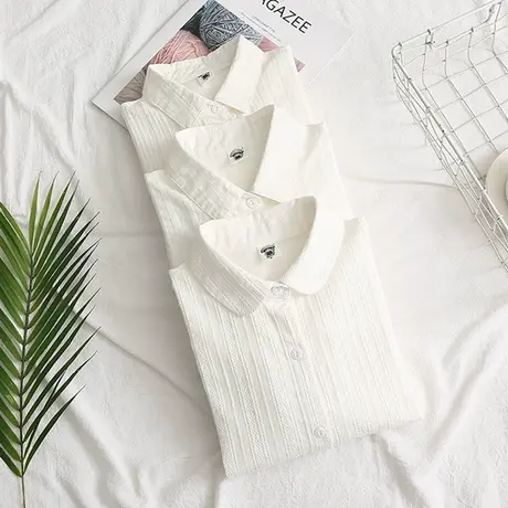 2021春秋装韩版文艺纯棉长袖白色衬衫女学生简约职业打底百搭衬衣商品大图