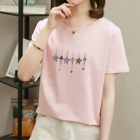 2件59】纯棉粉色t恤女2022年新款韩版宽松百搭衣服夏装短袖ins潮图片