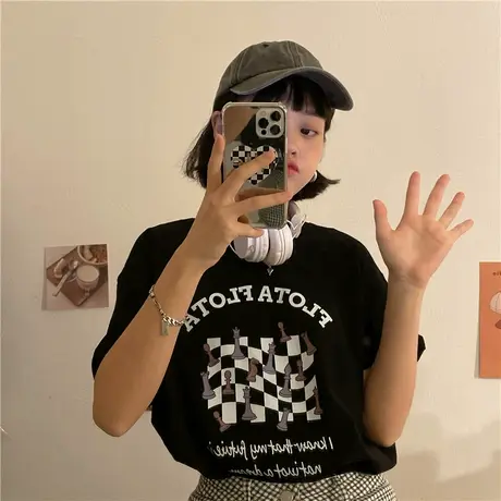红续棋盘格韩版休闲小个子宽松纯棉短袖T恤女学生百搭ins半袖上衣图片