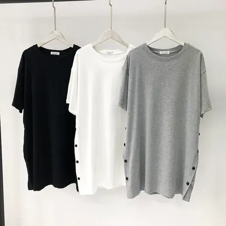 短袖t恤女2021夏装新款韩版ins潮开叉纽扣中长款宽松半袖体恤上衣商品大图