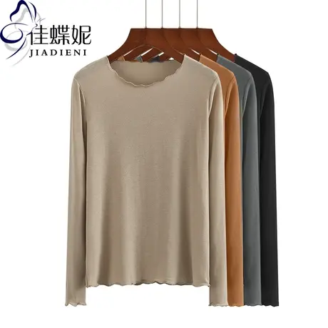 春秋季韩版圆领荷叶边长袖体恤打底衫上衣女装纯棉纯色T恤小心机商品大图