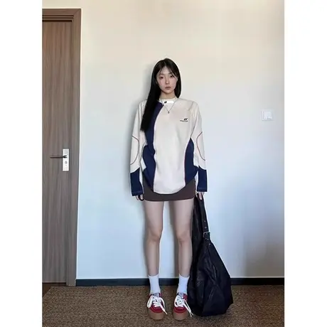 美式复古无帽套头卫衣女春秋薄款设计感宽松慵懒风拼接上衣hiphop商品大图