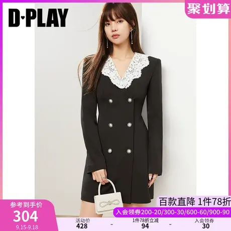 DPLAY秋装新款浪漫法式花边领纽扣收腰黑色西装式连衣裙图片