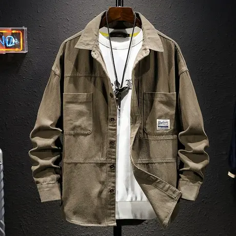 春秋季时尚潮牌2021新款男士休闲外套牛仔衬衣男百搭衬衫宽松工装图片