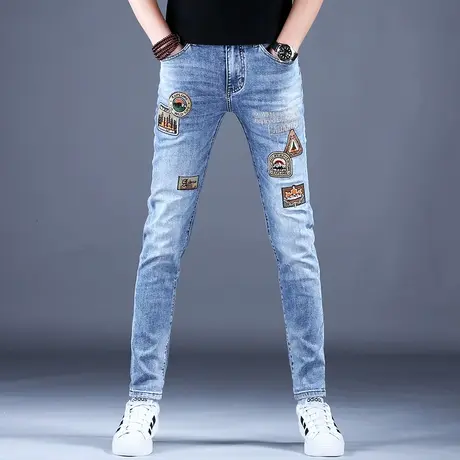 2023男士新款春季牛仔裤子浅蓝修身简约刺绣小脚裤男潮牌休闲百搭商品大图