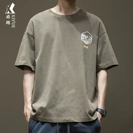希越高级感水洗短袖t恤男棕色2023夏季新款宽松大码打底半袖衣服商品大图