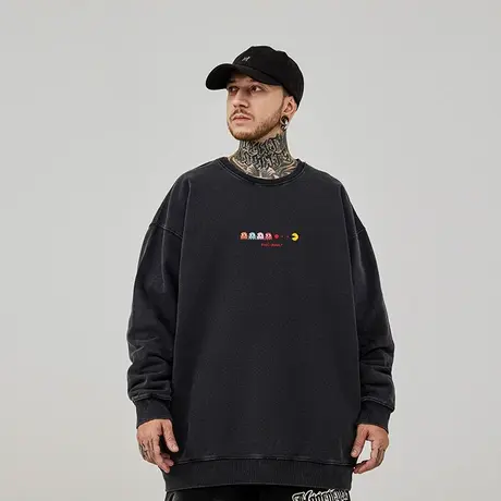 加肥加大码美式重磅复古胖子男装情侣宽松水洗做旧圆领卫衣春秋季商品大图