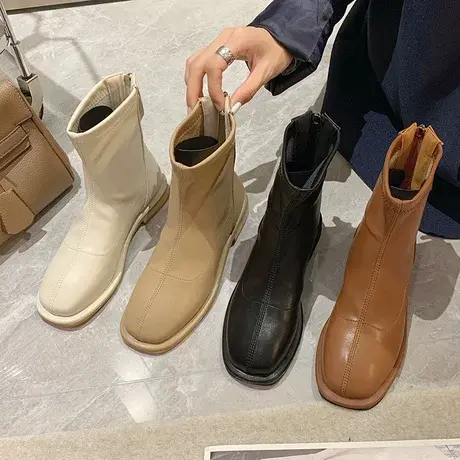 韩版秋季新款切尔西短靴女粗跟后拉链马丁靴中跟尖头时尚百搭靴子商品大图