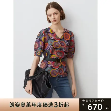 朗姿复古假日风纯棉衬衫女夏新款印花V领短袖上衣设计感商场同款图片