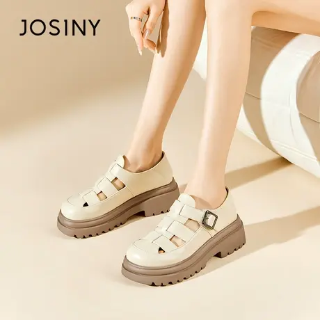 Josiny厚底乐福鞋女2023年新款春季单鞋软皮白色英伦风复古小皮鞋商品大图