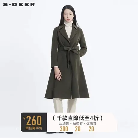 sdeer圣迪奥女装冬装时尚翻领收腰拼接长款毛呢大衣外套S20461803图片