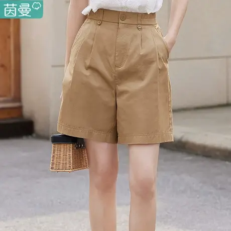 茵曼2023新款西装高腰阔腿6分休闲短裤女夏季纯棉裤子夏天卡其色图片