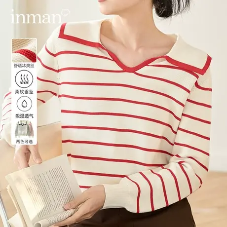 茵曼旗舰店小V领条纹针织衫女2023秋冬新款翻领套头毛衣显瘦上衣图片