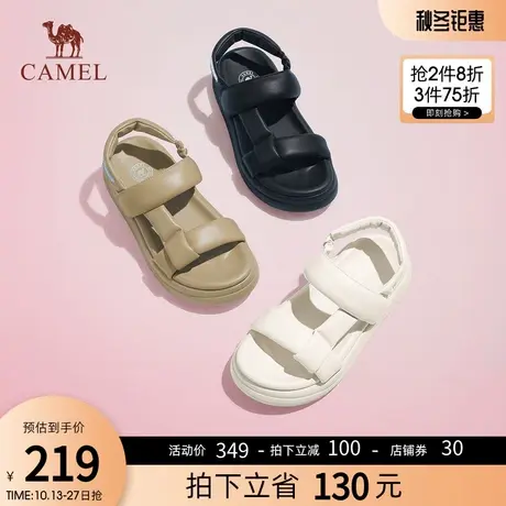 骆驼女鞋2023夏季新款厚底运动凉鞋女真皮面包鞋平底沙滩凉鞋女商品大图