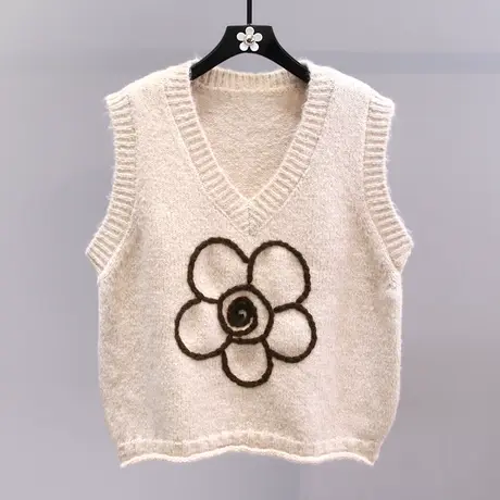 小清新美花朵针织马甲女秋冬2023新款宽松外搭坎肩无袖毛衣背心图片