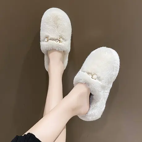 毛绒包头半拖鞋女棉拖外穿秋冬松糕厚底中跟毛毛鞋女毛毛拖鞋棉鞋图片