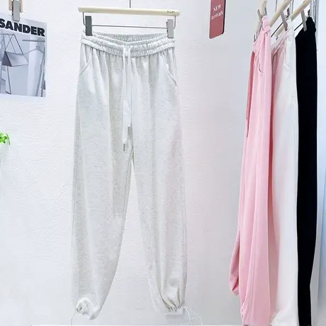 夏季薄款运动休闲卫裤子纯棉高腰束脚哈伦裤两穿阔腿裤大码灰粉黑商品大图