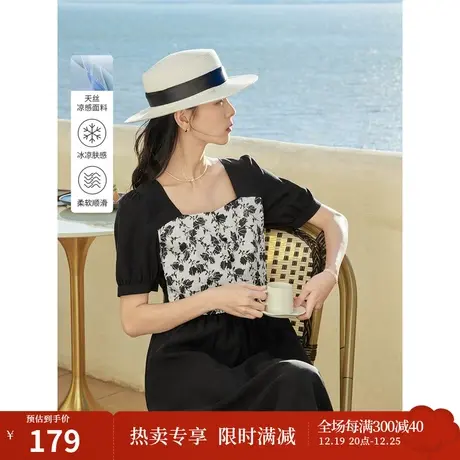 茵曼2023夏季女装新款优雅复古方领灯笼袖收腰假两件拼接连衣裙商品大图